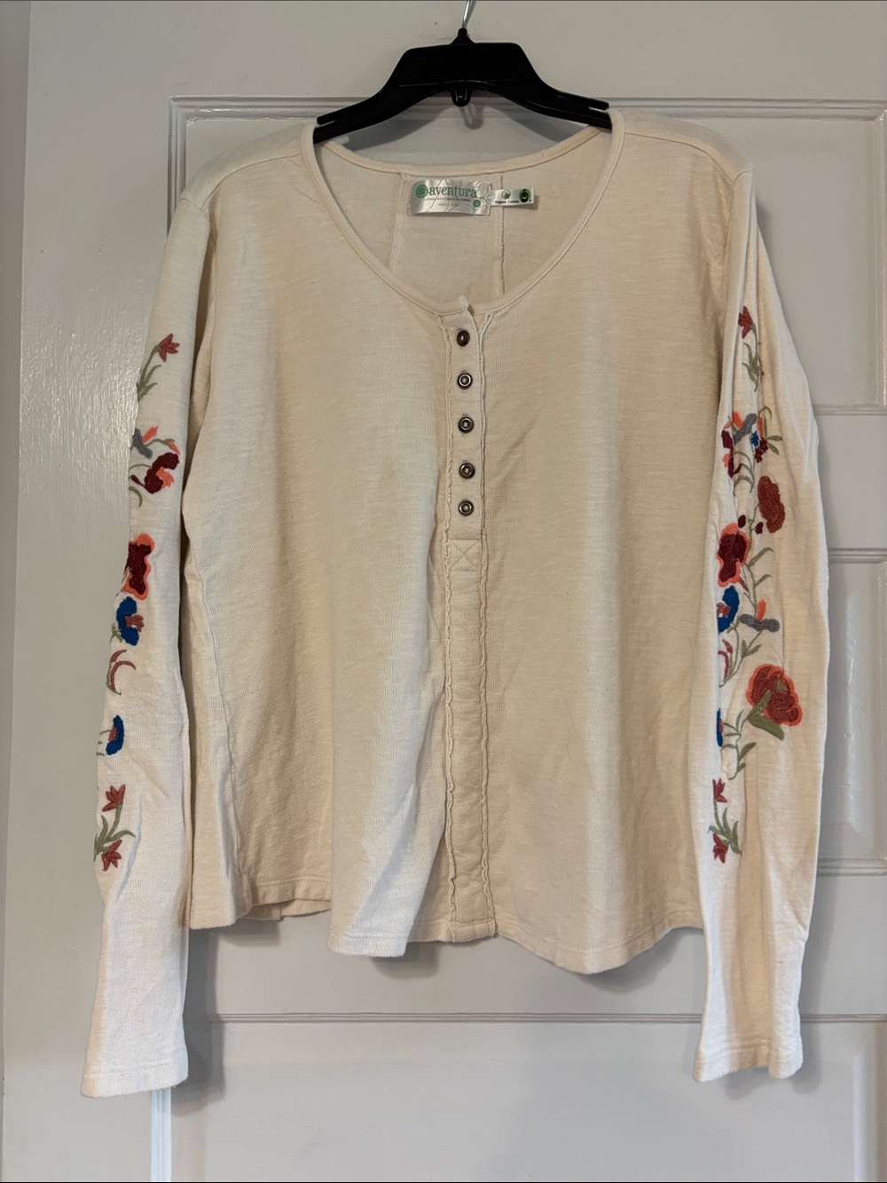 Aventura Cream Henley with Red & Blue Floral Embroidered Sleeves